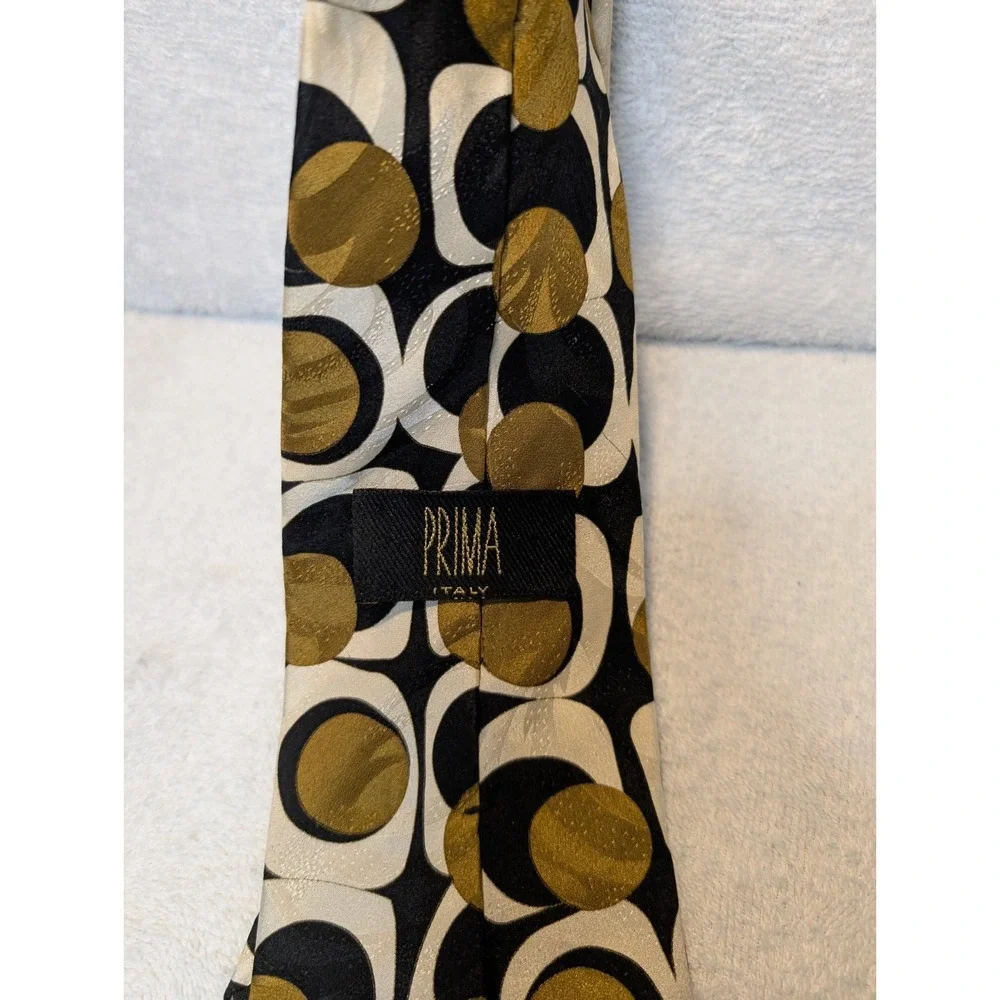 Prima Italy Tie  Gold Lily Pad Poka‎ Dot Geometric Made In Italy Silk Necktie